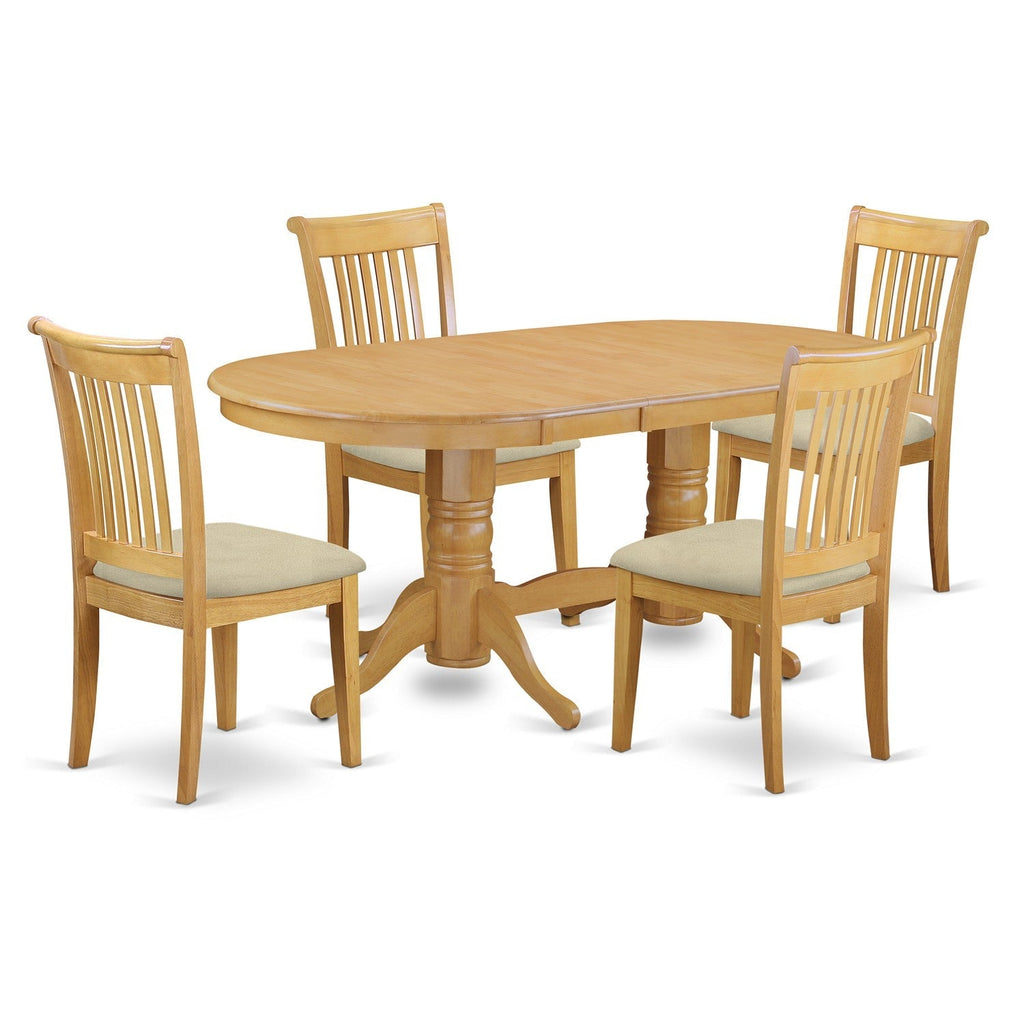 Juego de mesa de cocina de 5 piezas East West Furniture VAPO5-OAK-C para 4 personas. Incluye una mesa de comedor ovalada con hojas de mariposa y 4 sillas de comedor de tela de lino.