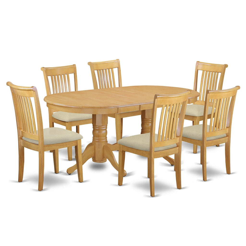 Juego de mesa de comedor moderna de 7 piezas VAPO7-OAK-C de East West Furniture. Consta de una mesa ovalada de madera con hojas de mariposa y 6 sillas de comedor tapizadas en tela de lino.