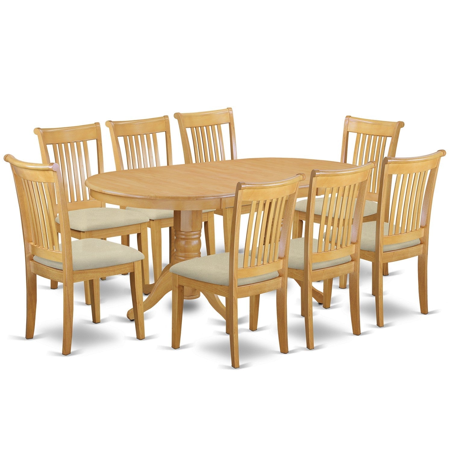 El juego de mesa de comedor East West Furniture VAPO9-OAK-C de 9 piezas incluye una mesa ovalada de madera con hojas de mariposa y 8 sillas de comedor de tela de lino.