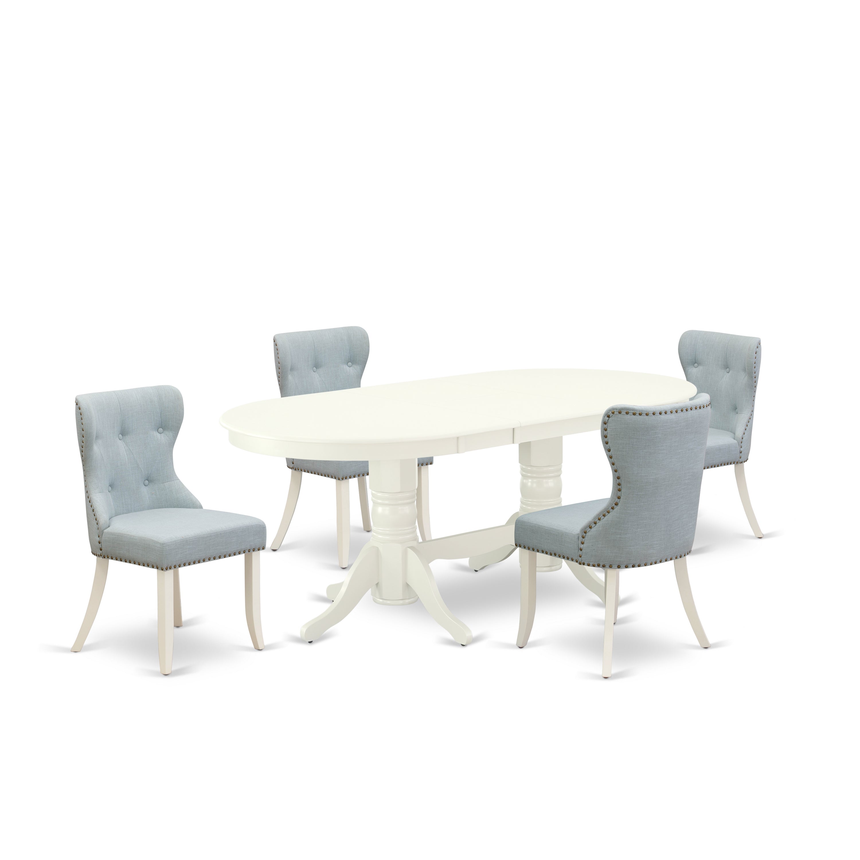 El juego de mesa de comedor de 5 piezas VASI5-LWH-15 de East West Furniture incluye una mesa ovalada de madera con hojas de mariposa y 4 sillas tapizadas en tela de lino azul bebé.