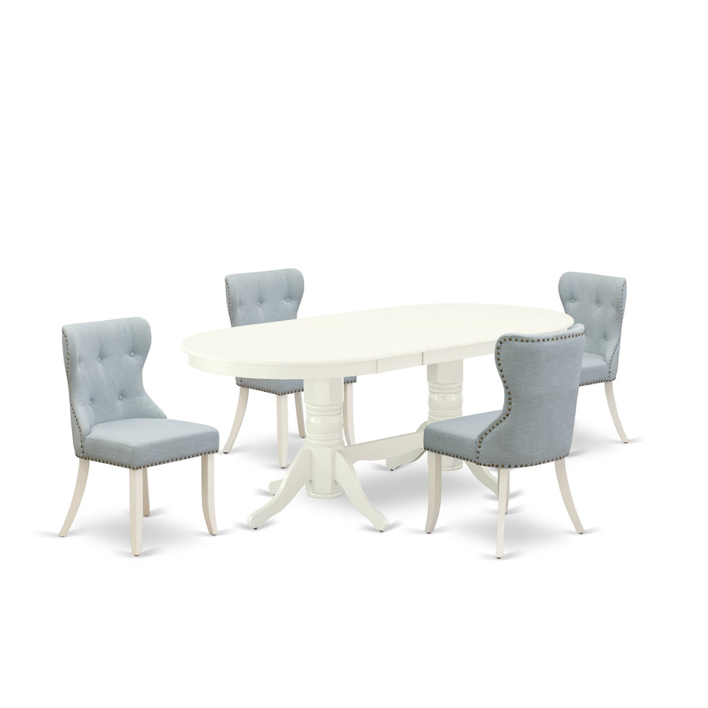 El juego de mesa de comedor de 5 piezas VASI5-LWH-15 de East West Furniture incluye una mesa ovalada de madera con hojas de mariposa y 4 sillas tapizadas en tela de lino azul bebé.
