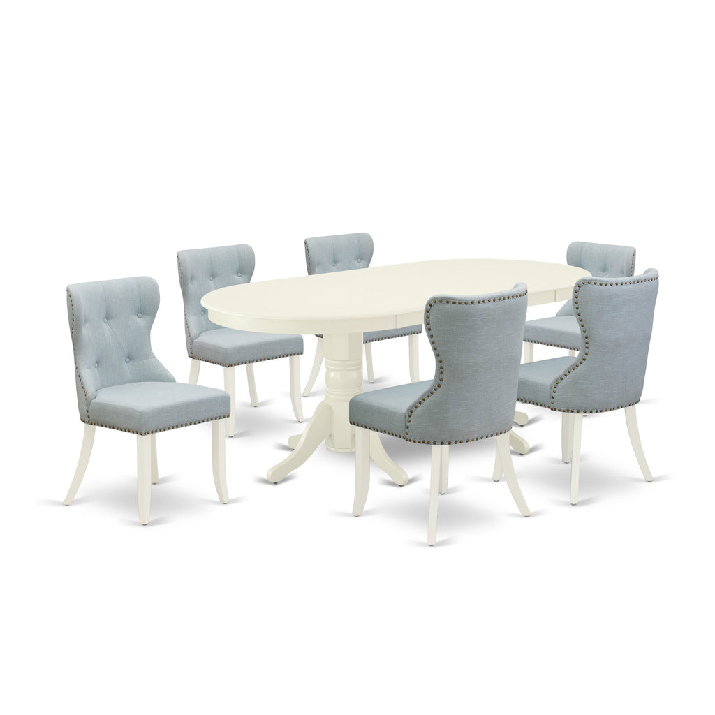 Juego de mesa y sillas de cocina de 7 piezas VASI7-LWH-15 de East West Furniture. Incluye una mesa ovalada de madera con diseño de hojas de mariposa y 6 sillas Parsons de tela de lino azul bebé.