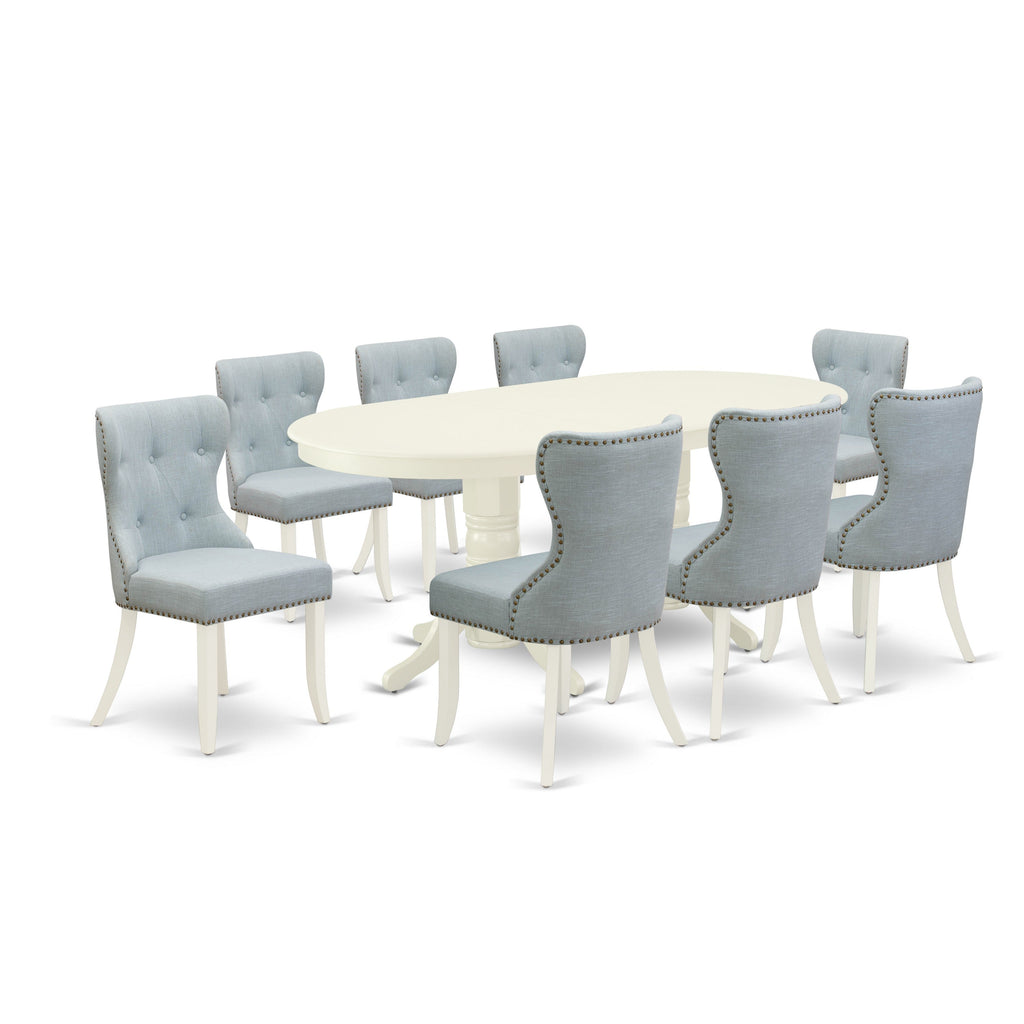 El juego de comedor East West Furniture VASI9-LWH-15 de 9 piezas incluye una mesa de cocina ovalada con hojas de mariposa y 8 sillas de comedor Parsons de tela de lino azul bebé.