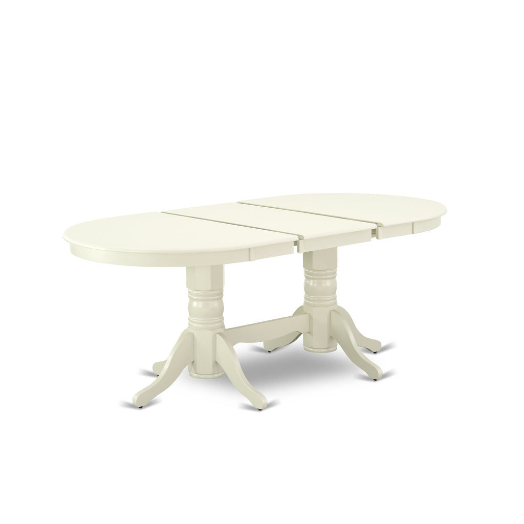 Juego de mesa y sillas de cocina de 7 piezas VASI7-LWH-15 de East West Furniture. Incluye una mesa ovalada de madera con diseño de hojas de mariposa y 6 sillas Parsons de tela de lino azul bebé.