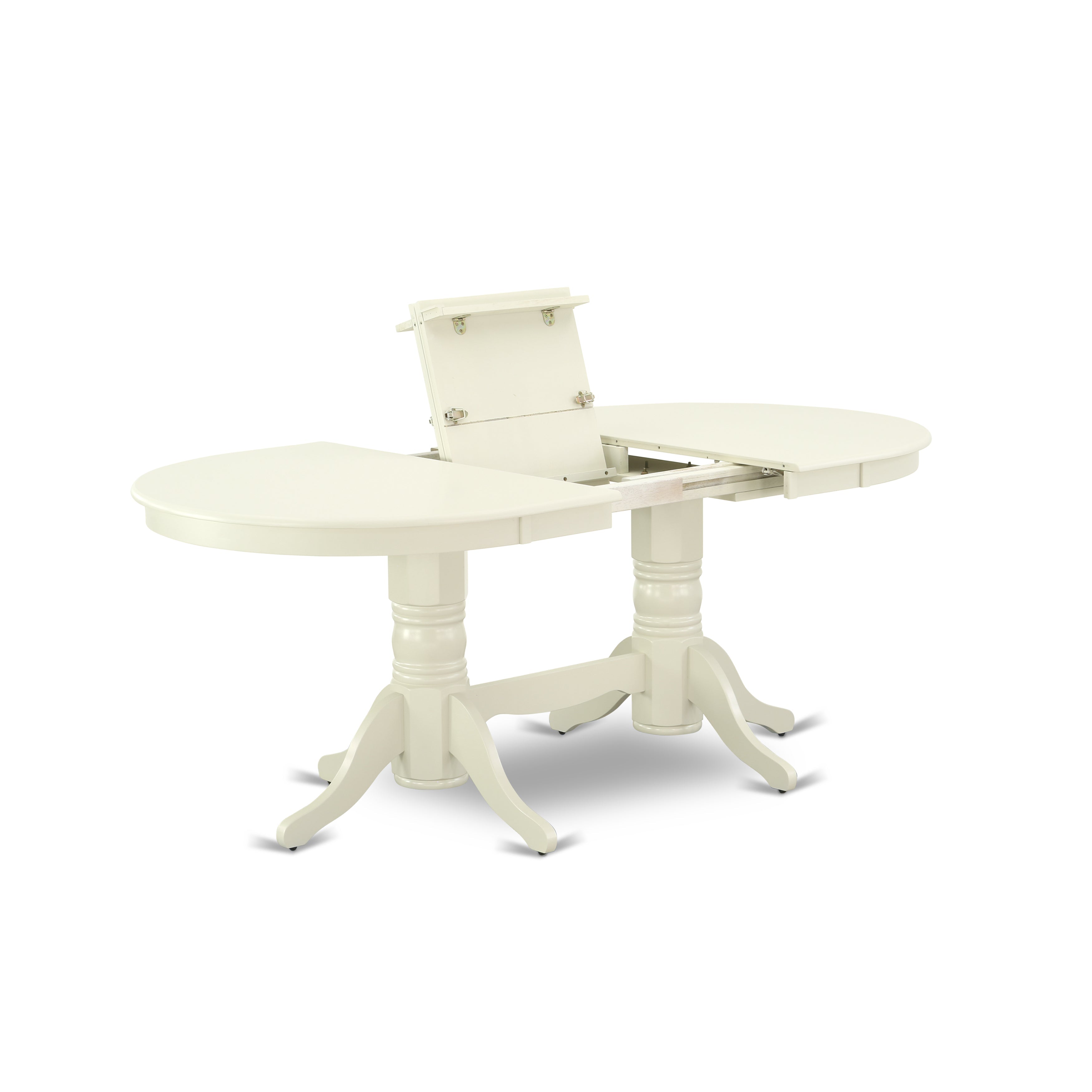 East-West Furniture VASI7-LWH-15 - A dining room table set of 6 wonderful dining room chairs with Linen Fabric Baby Blue color and a fantastic double pedestal 17" butterfly leaf oval dining room table with Linen White color
