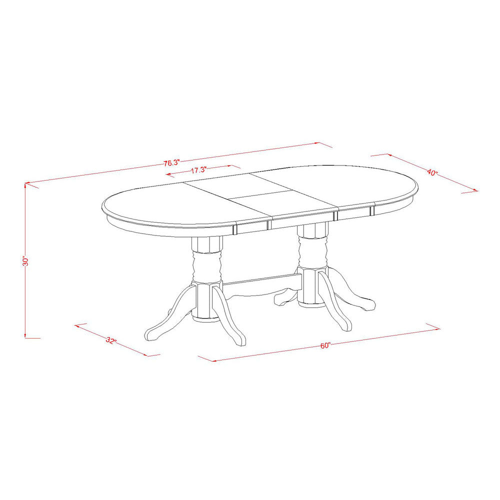 El juego de mesa de comedor East West Furniture VAGR9-OAK-W de 9 piezas incluye una mesa ovalada de madera con hojas de mariposa y 8 sillas de comedor.