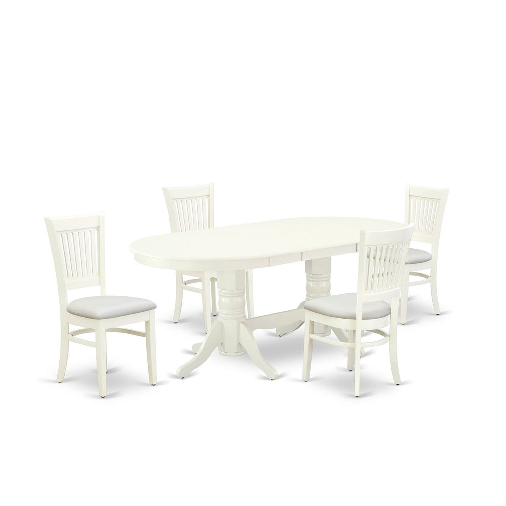 Juego de comedor de 5 piezas East West Furniture VAVA5-LWH-C para 4 personas. Incluye una mesa de comedor ovalada con hojas de mariposa y 4 sillas de comedor de tela de lino.