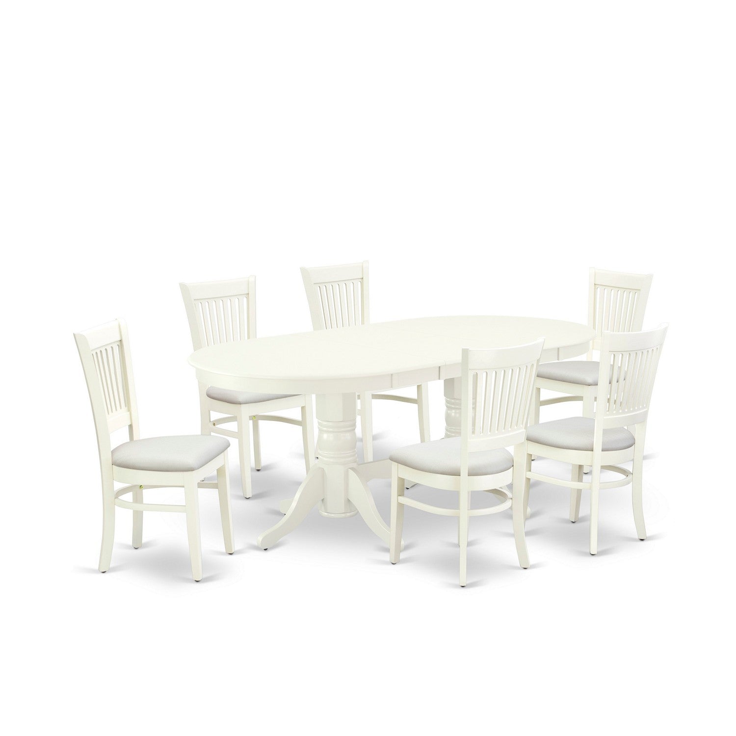 Juego de mesa de comedor moderna de 7 piezas VAVA7-LWH-C de East West Furniture. Consta de una mesa ovalada de madera con hojas de mariposa y 6 sillas de comedor tapizadas en tela de lino.