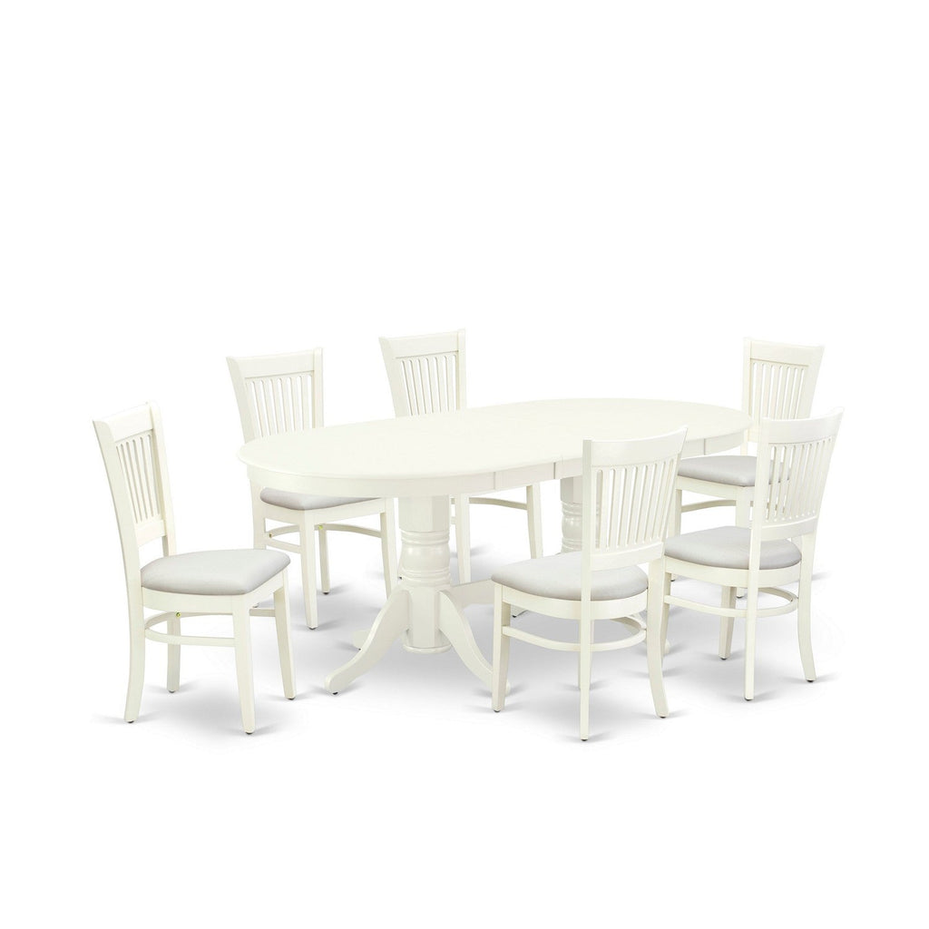 Juego de mesa de comedor moderna de 7 piezas VAVA7-LWH-C de East West Furniture. Consta de una mesa ovalada de madera con hojas de mariposa y 6 sillas de comedor tapizadas en tela de lino.