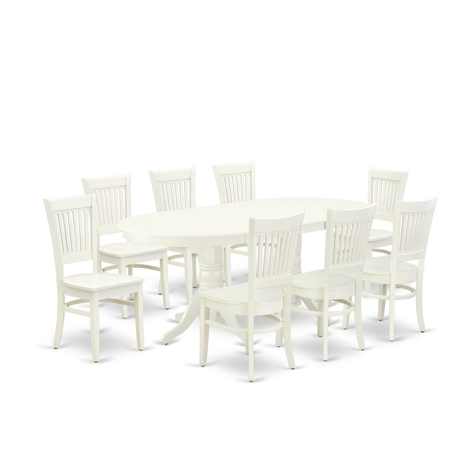 EAST WEST FURNITURE - VAVA9-LWH-W - 9-Pc Kitchen Table Set- 8 Mid Century Chair with Wooden Seat and Slatted Chair Back - Removable leaf Dining Table - linen white Finish