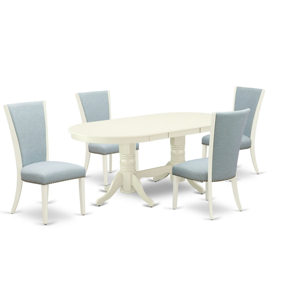 Juego de mesa de comedor de 5 piezas para 4 personas East West Furniture VAVE5-LWH-15. Incluye una mesa de cocina ovalada con diseño de hojas de mariposa y 4 sillas tapizadas en tela de lino azul bebé.