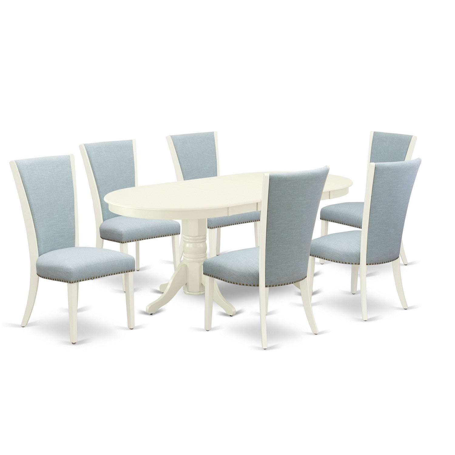 EAST WEST FURNITURE - VAVE7-LWH-15 - 7 Pc Dining Room Table Set - 6 Baby Blue Linen Fabric Dining Padded Chairs with High Back and 1 Double Pedestal Oval Dining Table - linen white Finish