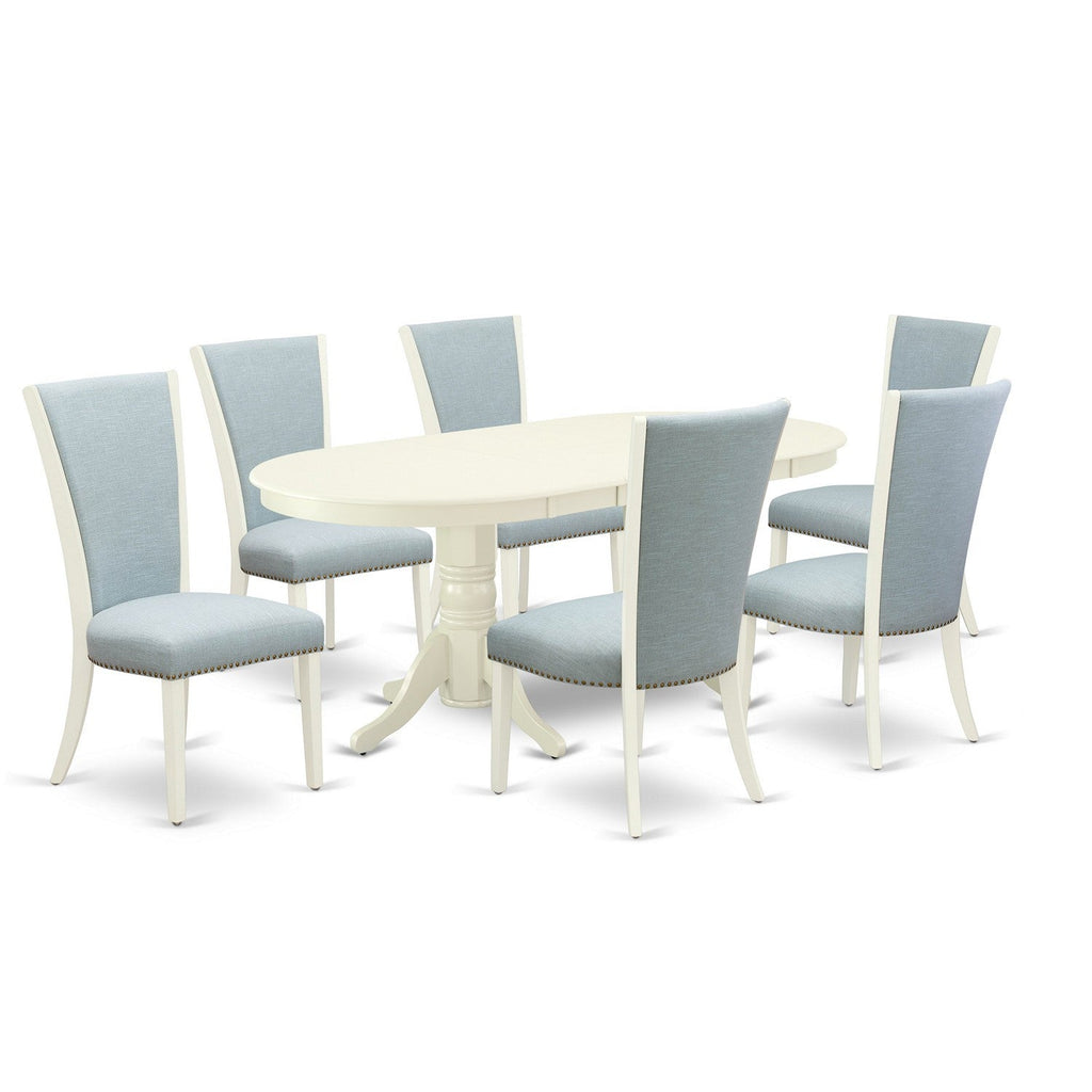 Juego de comedor de 7 piezas East West Furniture VAVE7-LWH-15 compuesto por una mesa ovalada de madera con hojas de mariposa y 6 sillas Parson de tela de lino azul bebé.
