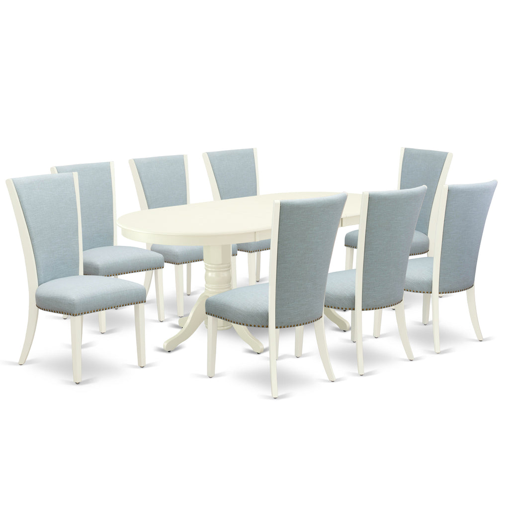 El juego de mesa de comedor East West Furniture VAVE9-LWH-15 de 9 piezas incluye una mesa de comedor ovalada con hojas de mariposa y 8 sillas de comedor Parson de tela de lino azul bebé.