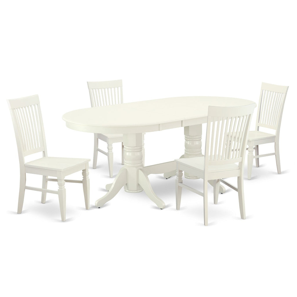 Juego de mesa de cocina de 5 piezas East West Furniture VAWE5-LWH-W para 4 personas. Incluye una mesa de comedor ovalada con diseño de hojas de mariposa y 4 sillas de comedor.