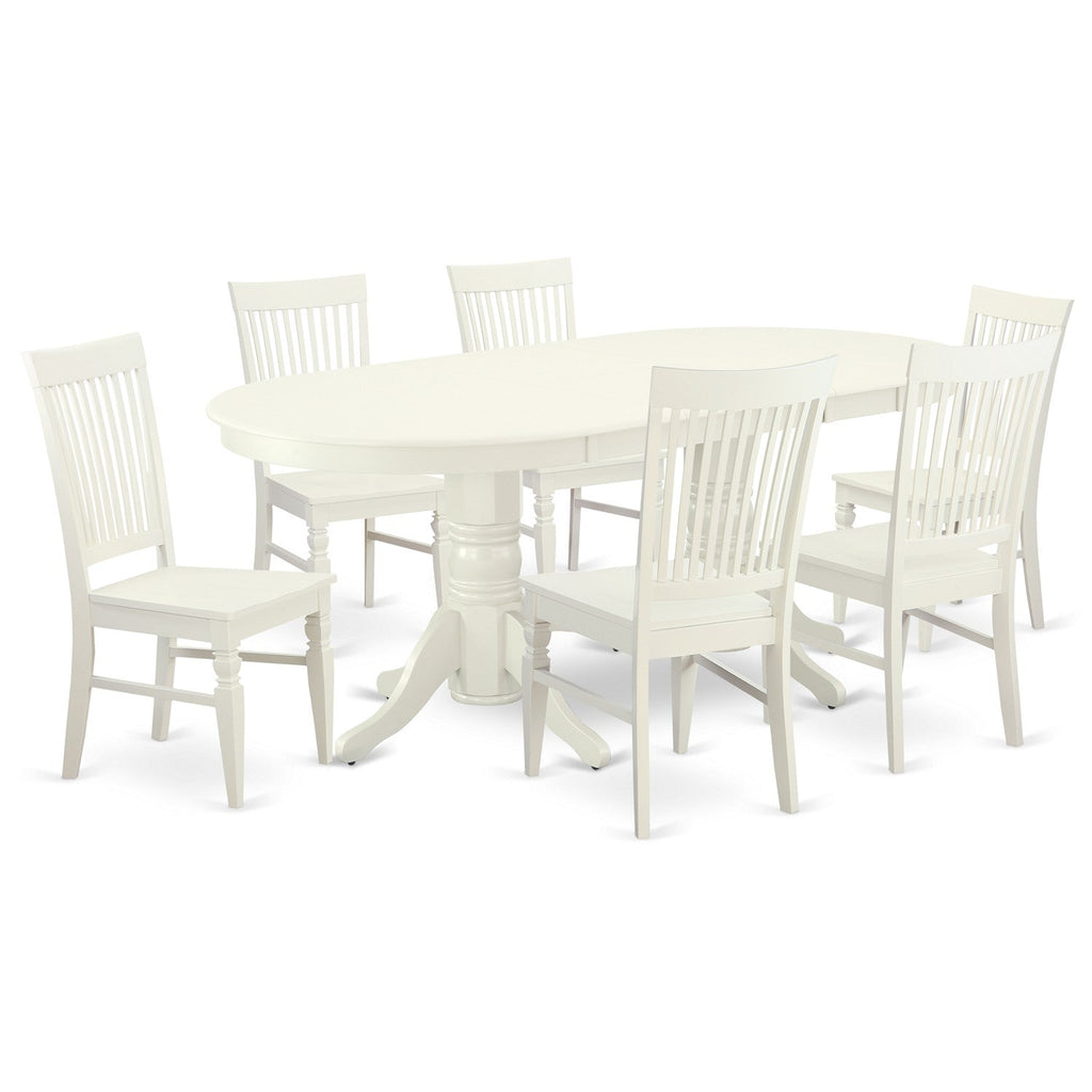 Juego de comedor de 7 piezas East West Furniture VAWE7-LWH-W compuesto por una mesa ovalada de madera con hojas de mariposa y 6 sillas de comedor de cocina.