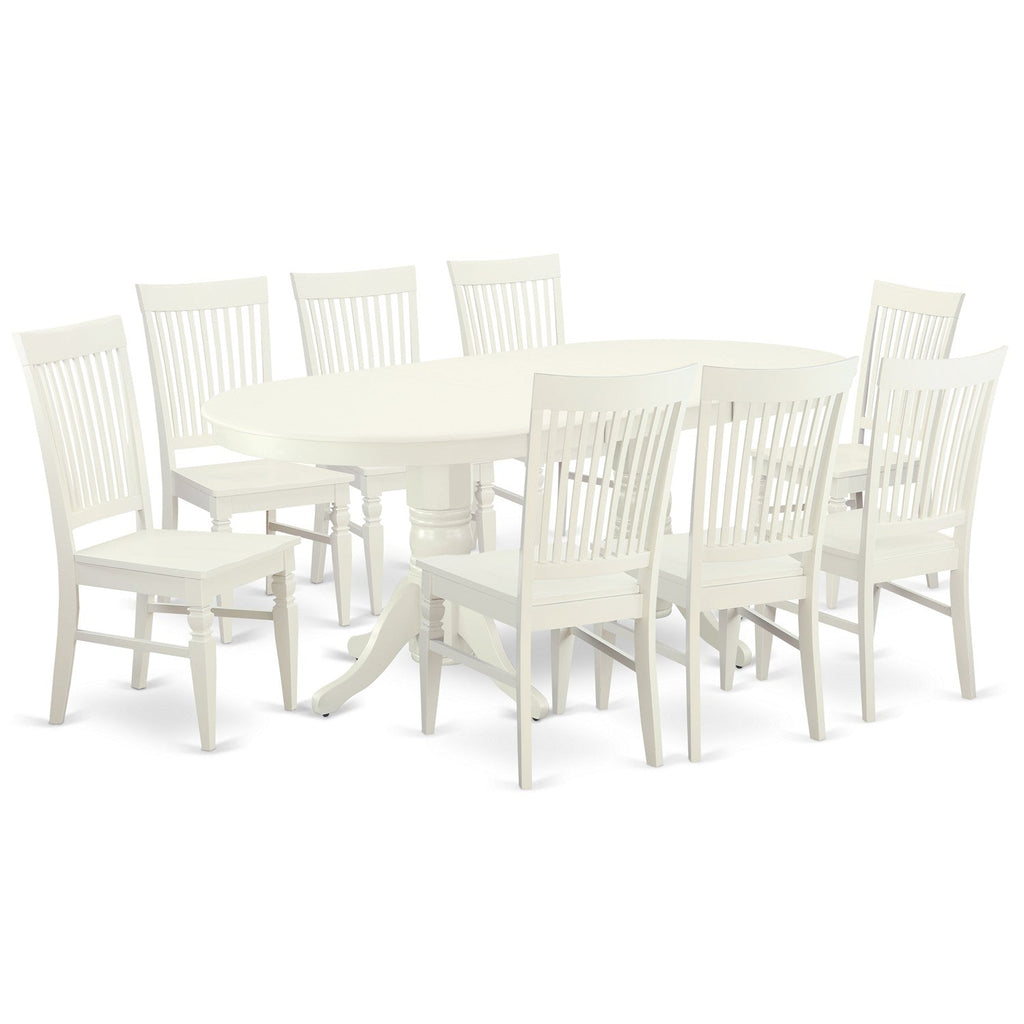 El juego de mesa de cocina de 9 piezas VAWE9-LWH-W de East West Furniture incluye una mesa de comedor ovalada con hojas de mariposa y 8 sillas de comedor.