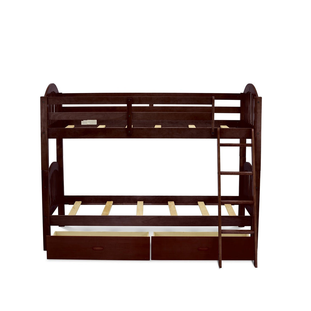 East West Furniture Verona Twin Bunk Bed in Java Finish with Under Drawer