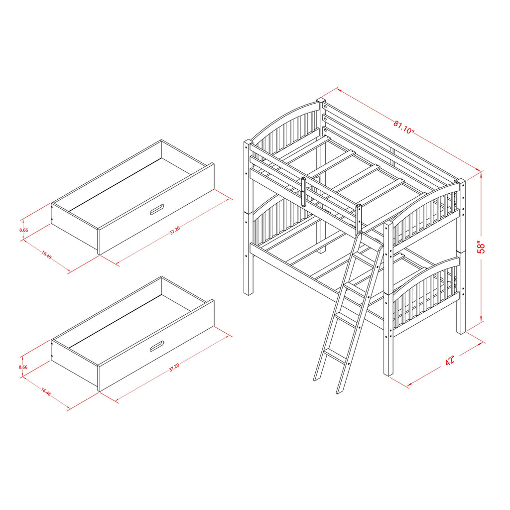 East West Furniture Verona Twin Bunk Bed in Java Finish with Under Drawer