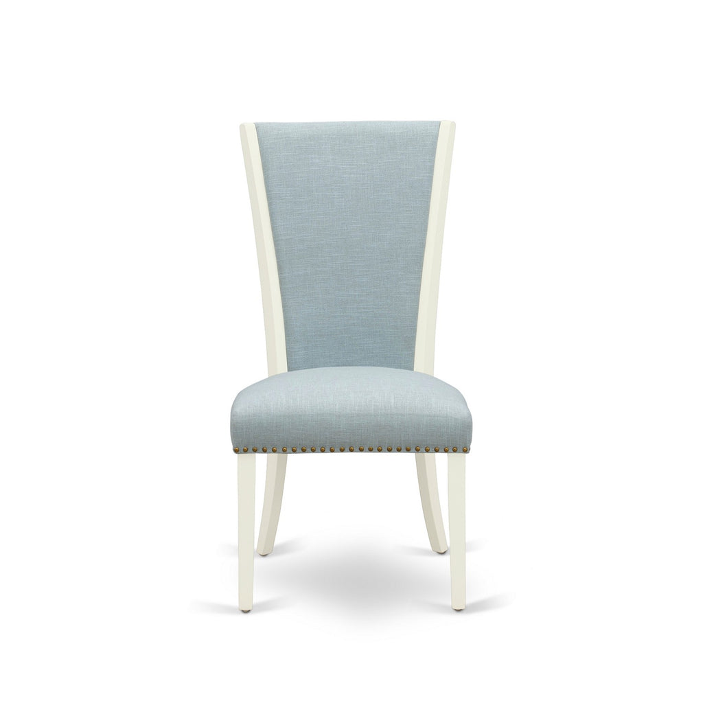 East West Furniture BOVE3-WHI-15 - Un juego de mesa de comedor de 2 increíbles sillas parson con tela de lino color azul bebé y una hermosa mesa de comedor redonda de madera con color blanco lino