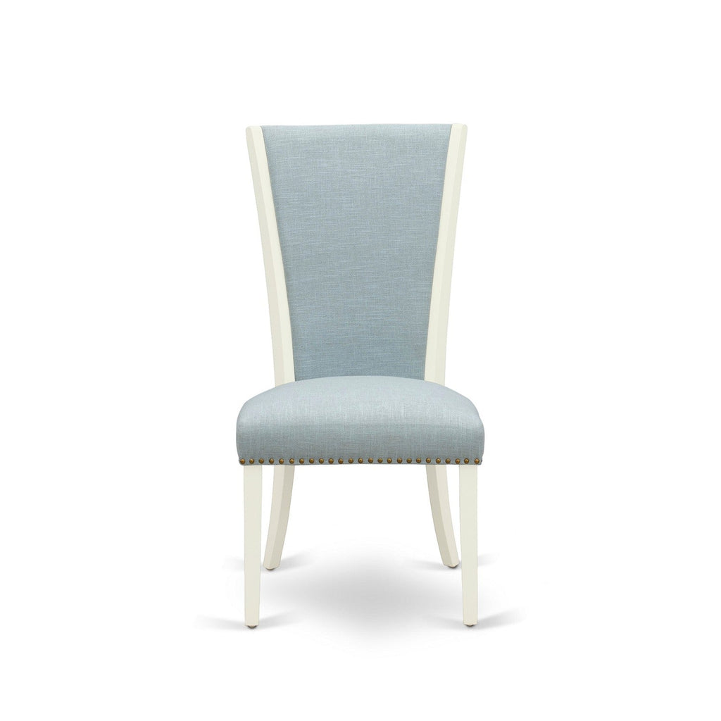Juego de mesa de comedor de 3 piezas East West Furniture ANVE3-LWH-15 que incluye una mesa de comedor redonda con pedestal y 2 sillas tapizadas en tela de lino azul bebé.