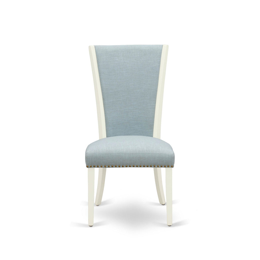 East West Furniture HLVE5-LWH-15 5 Piece Dining Set Includes a Round Dining Room Table with Pedestal and 4 Baby Blue Linen Fabric Upholstered Chairs, 42x42 Inch, Linen White