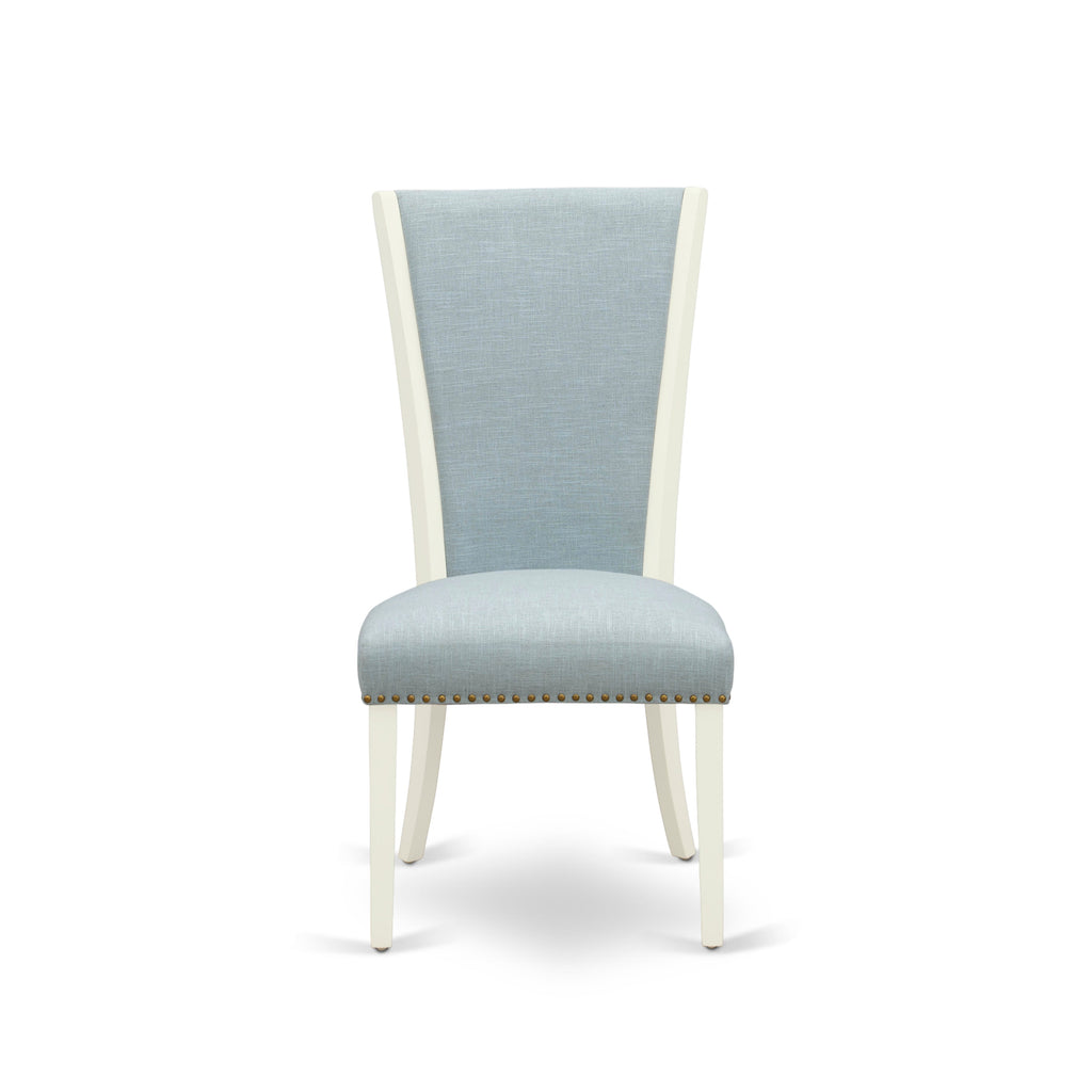 Juego de mesa de comedor de 3 piezas NFVE3-WHI-15 de East West Furniture. Incluye una mesa de cocina rectangular con diseño de hojas de mariposa y dos sillas Parson de tela de lino azul bebé.