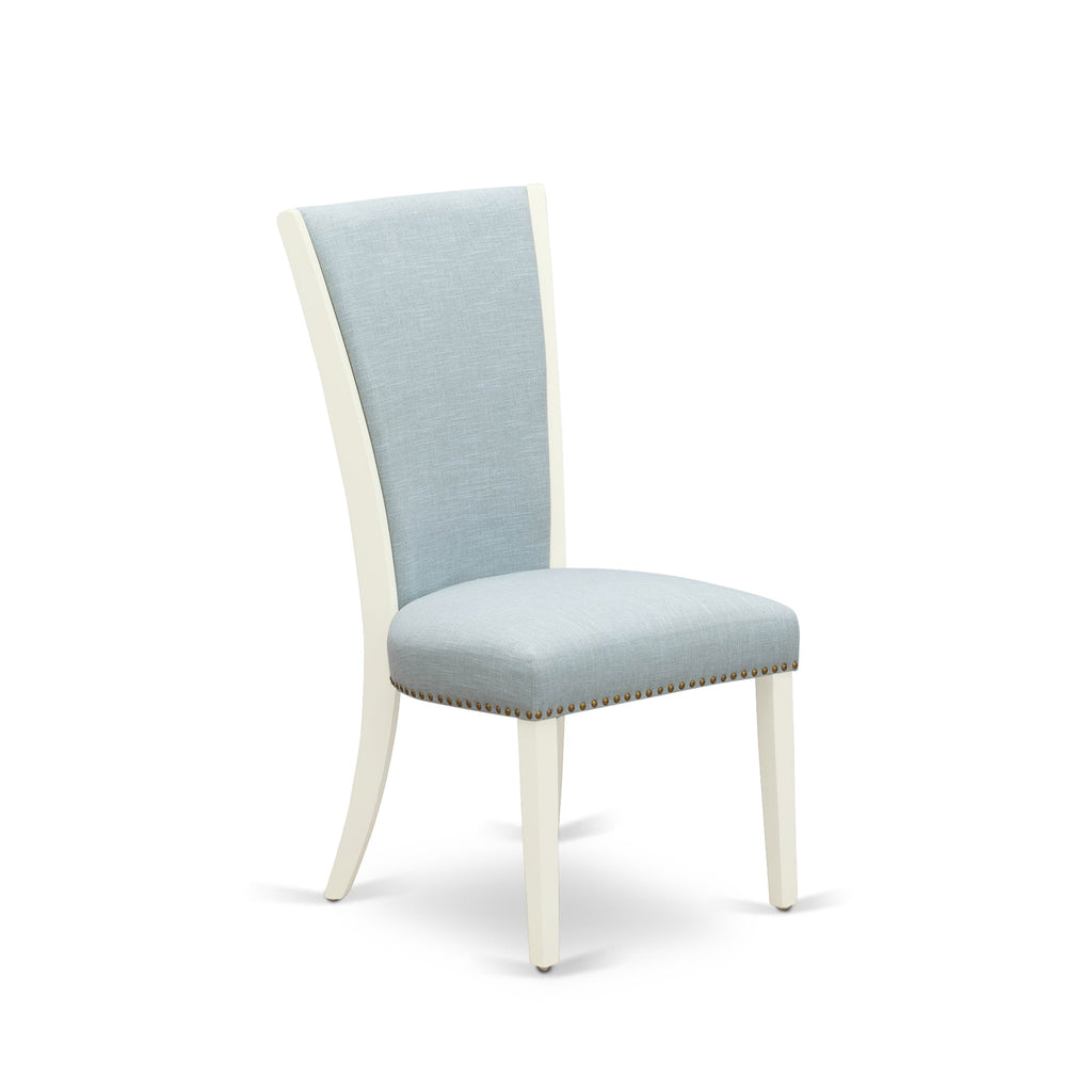 Juego de mesa de comedor de 3 piezas NFVE3-WHI-15 de East West Furniture. Incluye una mesa de cocina rectangular con diseño de hojas de mariposa y dos sillas Parson de tela de lino azul bebé.