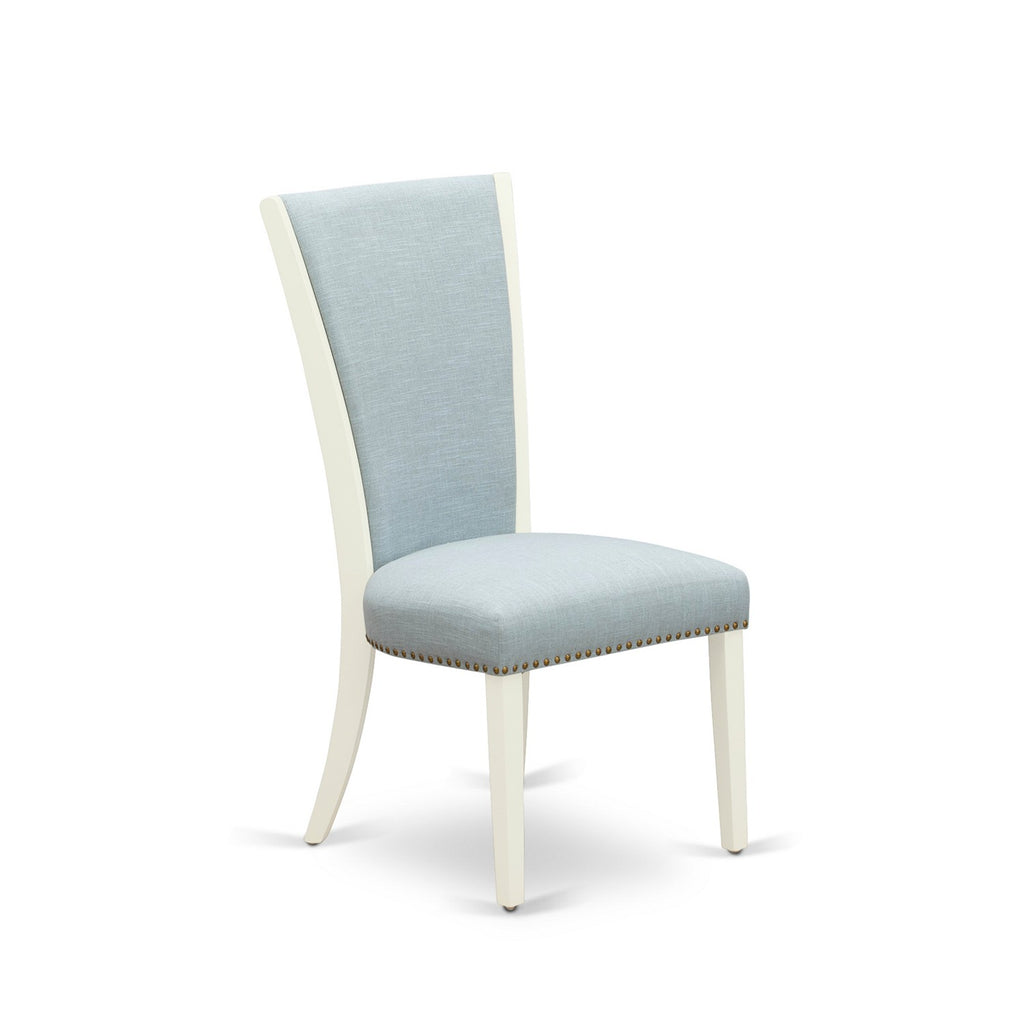 East West Furniture BOVE3-WHI-15 - Un juego de mesa de comedor de 2 increíbles sillas parson con tela de lino color azul bebé y una hermosa mesa de comedor redonda de madera con color blanco lino