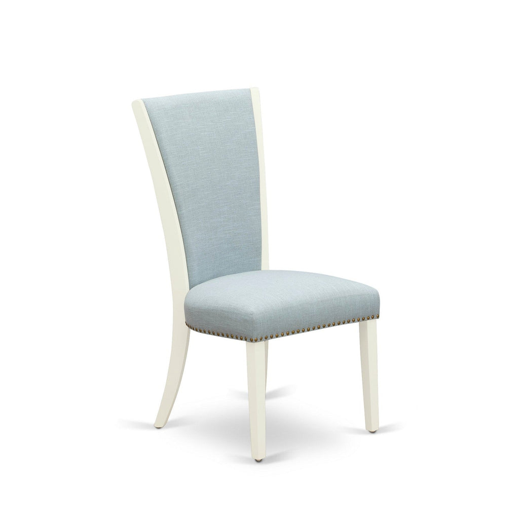 Juego de mesa de comedor de 3 piezas East West Furniture ANVE3-LWH-15 que incluye una mesa de comedor redonda con pedestal y 2 sillas tapizadas en tela de lino azul bebé.