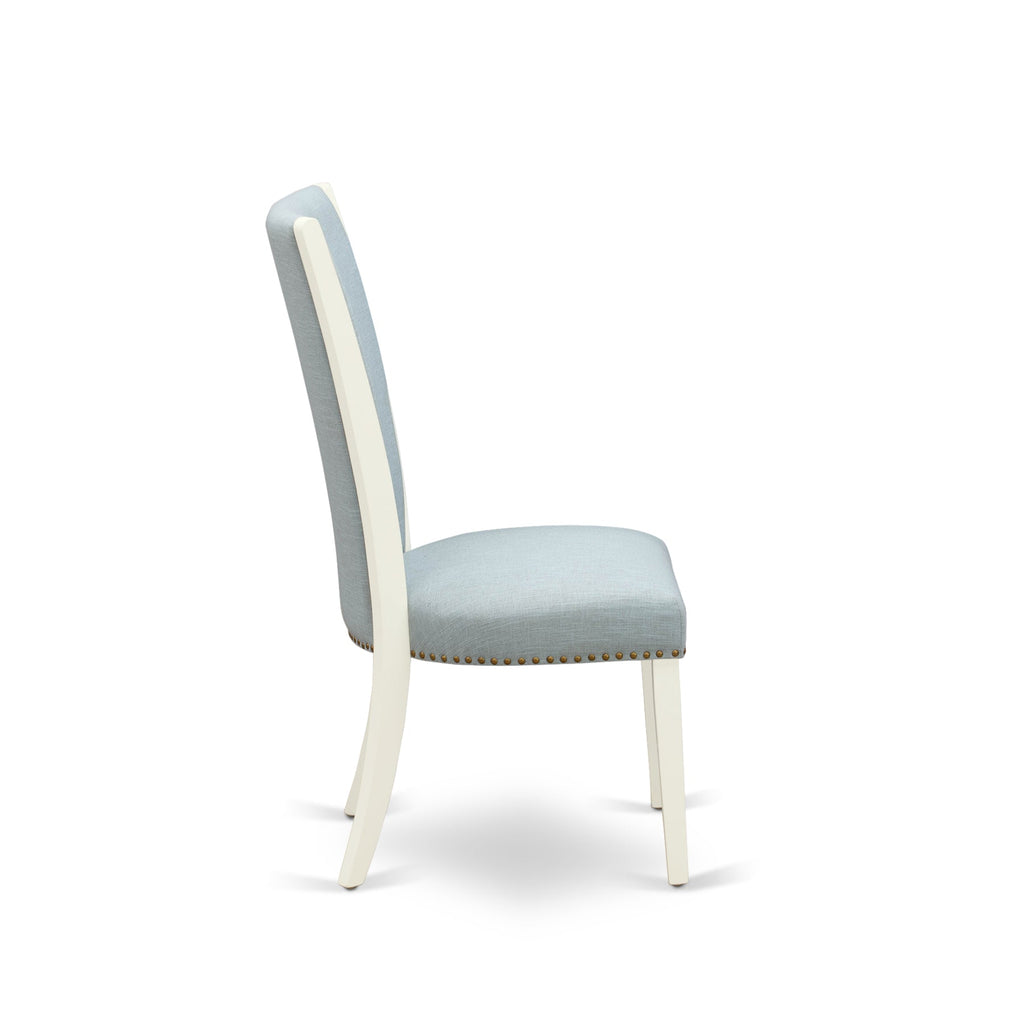 Juego de mesa de comedor de 3 piezas NFVE3-WHI-15 de East West Furniture. Incluye una mesa de cocina rectangular con diseño de hojas de mariposa y dos sillas Parson de tela de lino azul bebé.