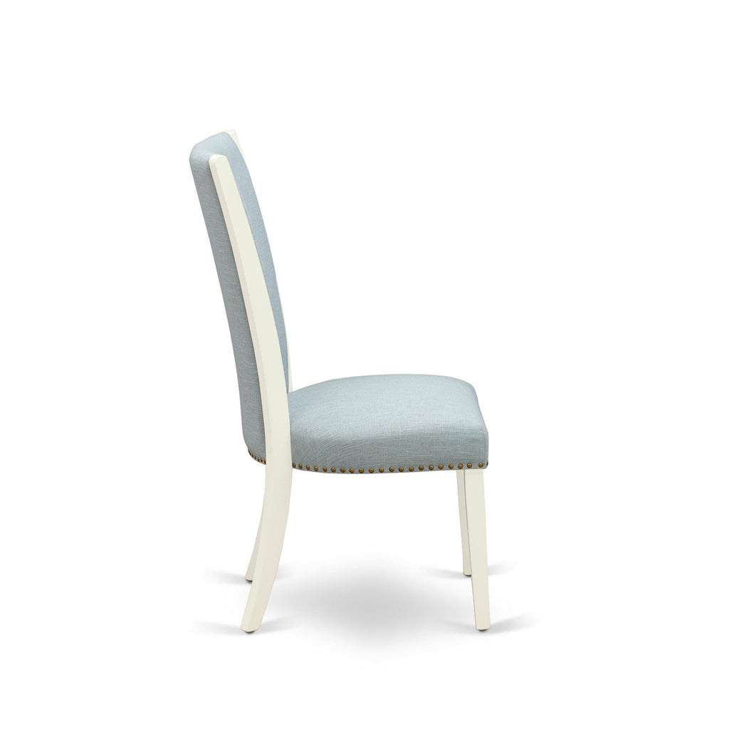 East West Furniture BOVE3-WHI-15 - Un juego de mesa de comedor de 2 increíbles sillas parson con tela de lino color azul bebé y una hermosa mesa de comedor redonda de madera con color blanco lino