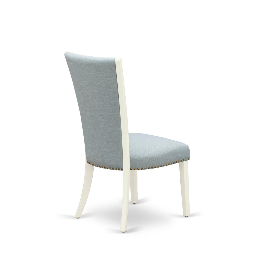 East West Furniture DOVE7-LWH-15 7 Piece Dinette Set Consist of a Rectangle Dining Room Table with Butterfly Leaf and 6 Baby Blue Linen Fabric Parson Dining Chairs