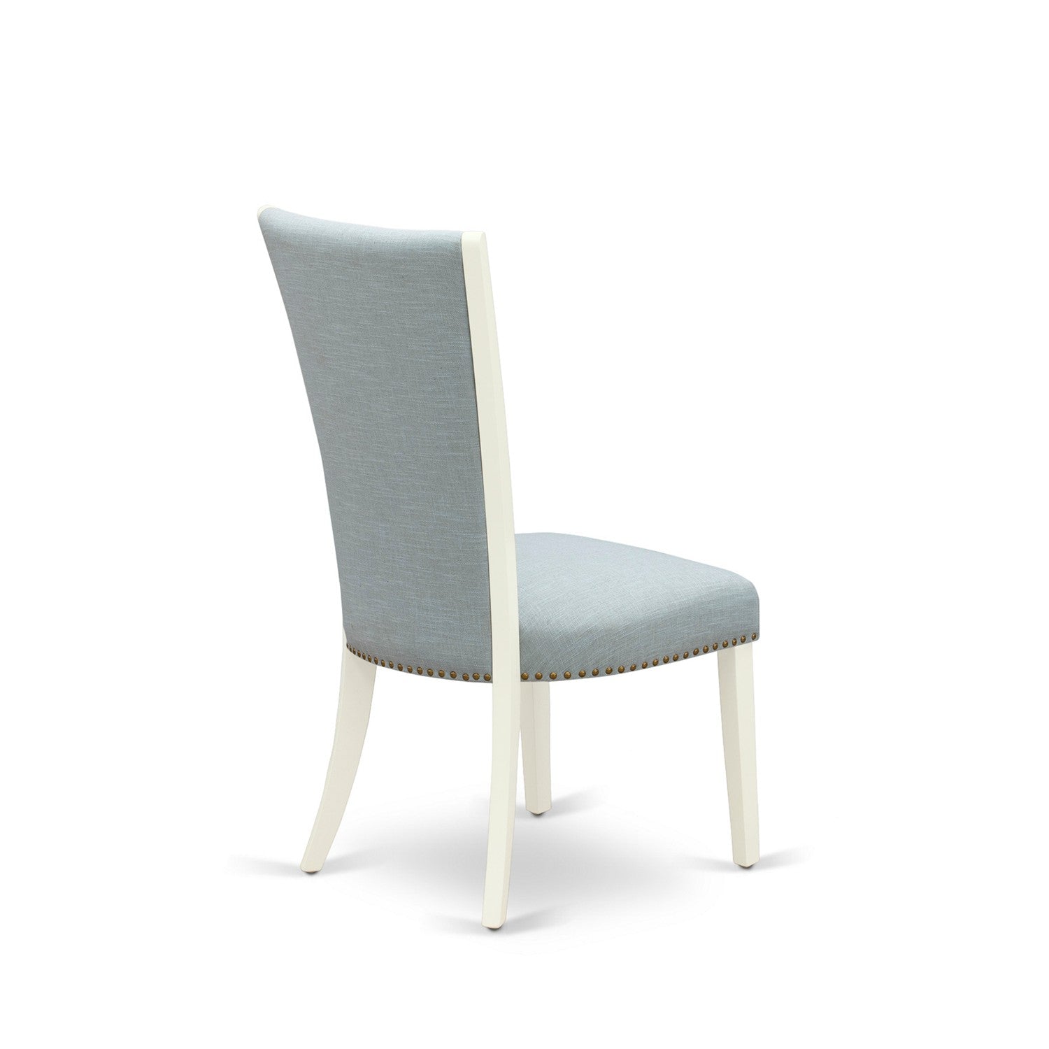 East West Furniture X077VE215-9 9 Piece Mid Century Dining Set - 8 Baby Blue Linen Fabric Upholstered Dining Chair with Nailheads and Distressed Jacobean Wood Dining Table - linen white Finish