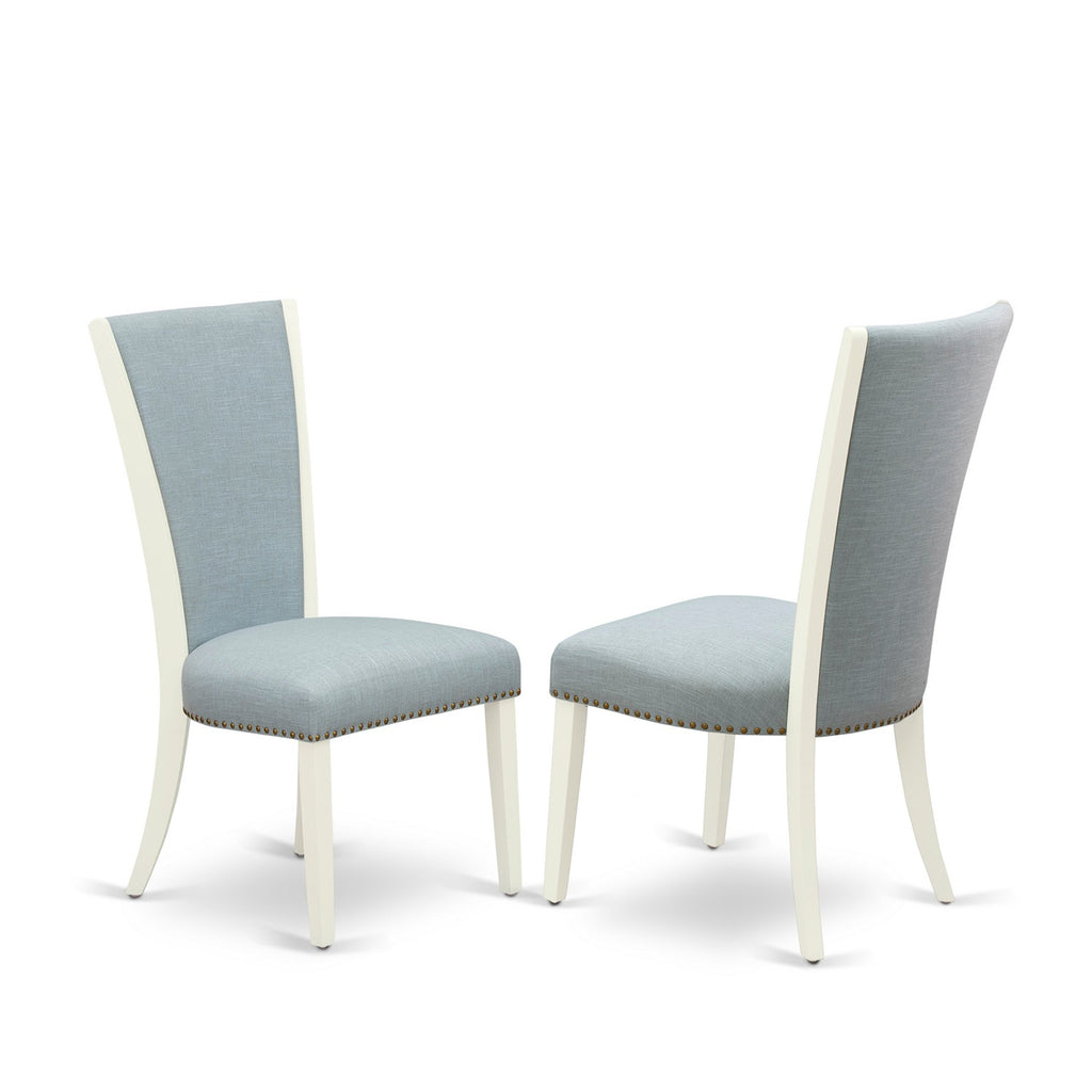 East West Furniture BOVE3-WHI-15 - Un juego de mesa de comedor de 2 increíbles sillas parson con tela de lino color azul bebé y una hermosa mesa de comedor redonda de madera con color blanco lino