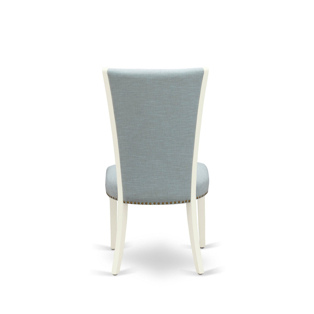 East West Furniture VEP2T15 Verona Parson Dining Chairs - Nailhead Trim Baby Blue Linen Fabric Padded Chairs, Set of 2, Linen White