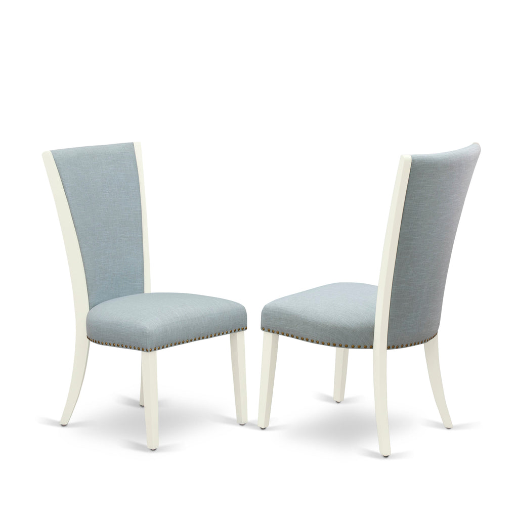 El juego de mesa de comedor de 3 piezas East West Furniture MZVE3-LWH-15 incluye una mesa de cocina rectangular con alas abatibles y dos sillas de comedor Parson de tela de lino azul bebé.