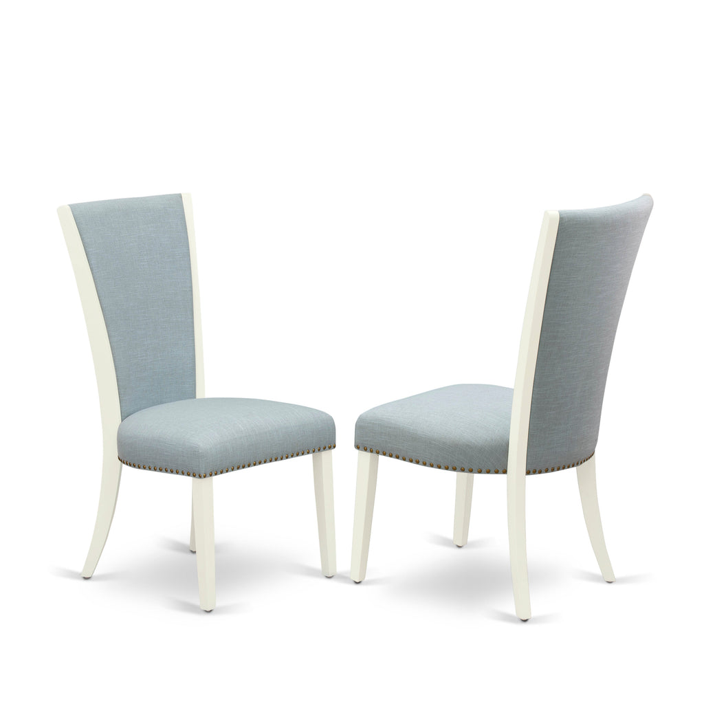 Juego de mesa de comedor de 3 piezas NFVE3-WHI-15 de East West Furniture. Incluye una mesa de cocina rectangular con diseño de hojas de mariposa y dos sillas Parson de tela de lino azul bebé.