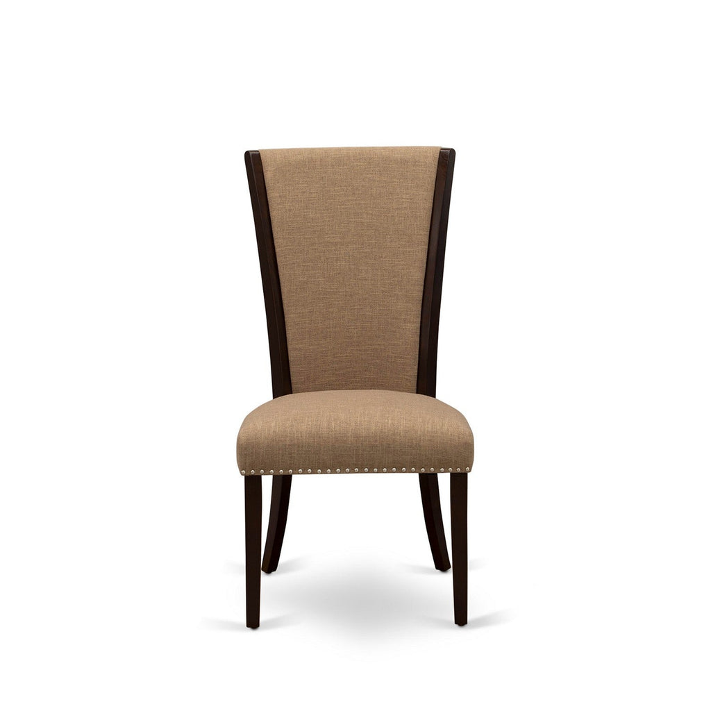 East West Furniture NDVE3-MAH-47 3 Piece Modern Dining Table Set Contains a Rectangle Wooden Table with Dropleaf and 2 Light Sable Linen Fabric Upholstered Chairs
