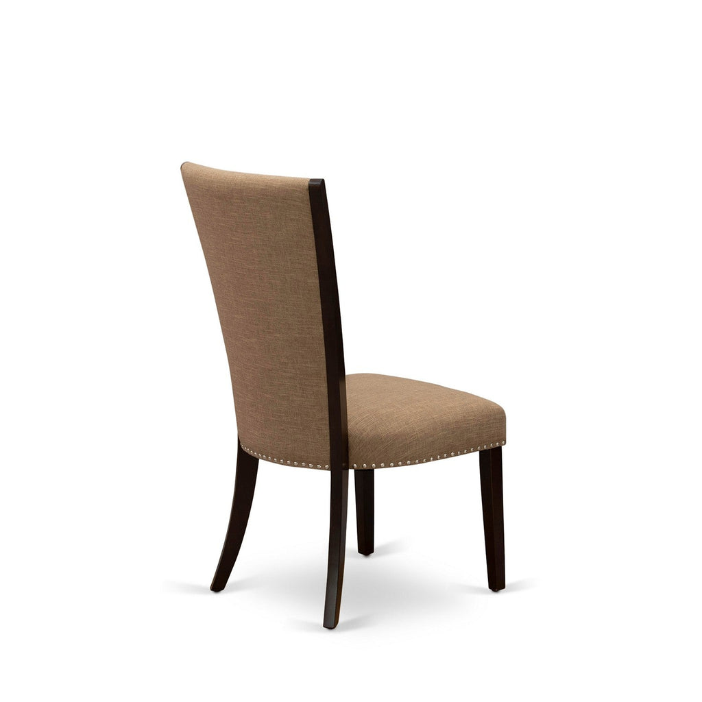 East West Furniture ESVE3-MAH-47 3 Piece Modern Dining Table Set Contains a Round Wooden Table and 2 Light Sable Linen Fabric Upholstered Chairs