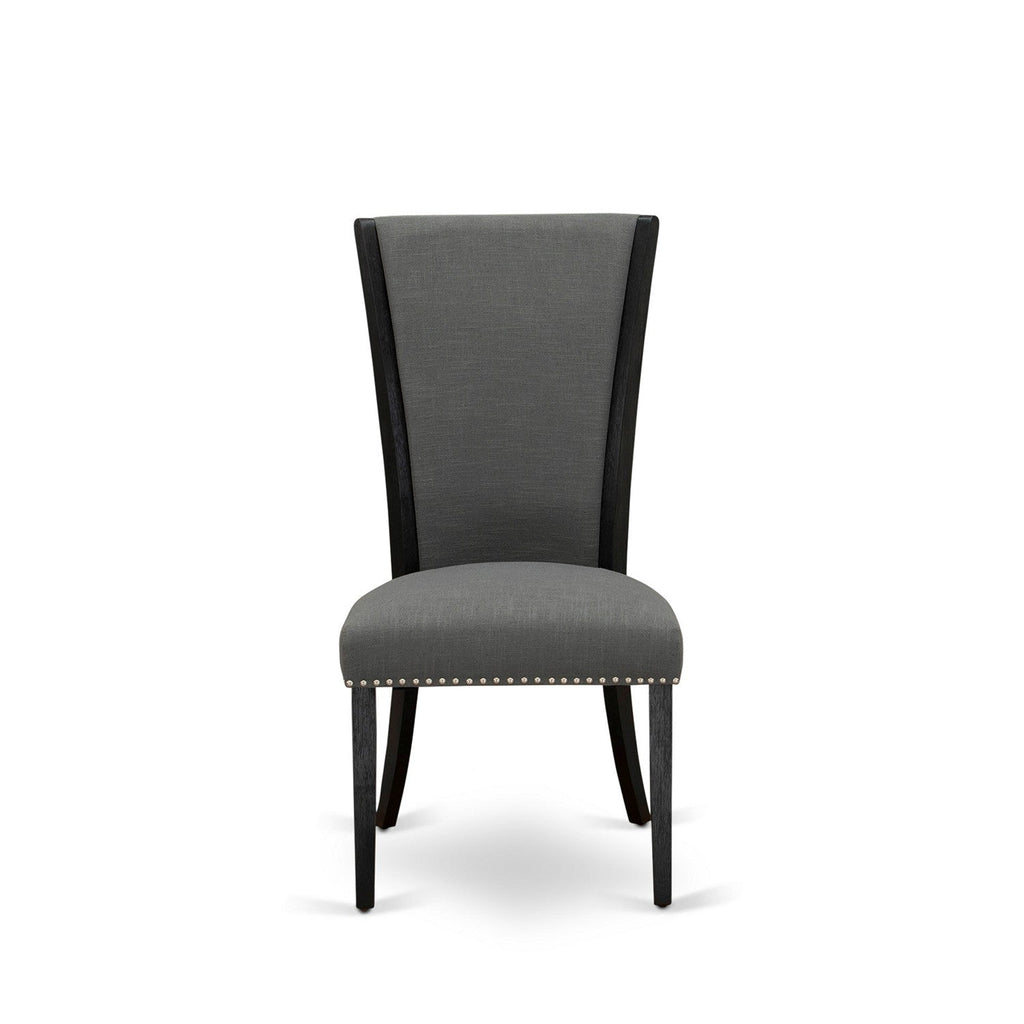 Juego de comedor de 6 piezas East West Furniture X676VE650-6. Contiene una mesa de comedor rectangular con patas en forma de X y 4 sillas Parson de tela de lino Gotham oscuro con un banco.