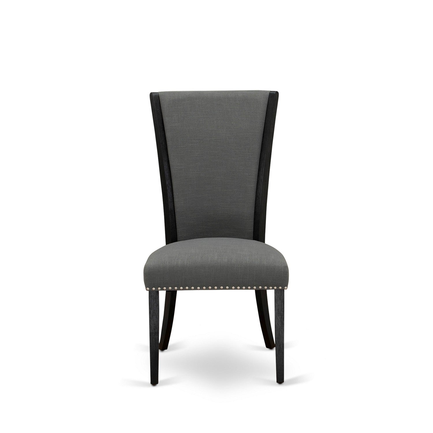 East West Furniture V696VE650-7 7 Pc Dinner Table Set Includes a Cement Kitchen Table and 6 Dark Gotham Grey Linen Fabric Upholstered Dining Chairs with High Back - Wire Brushed Black Finish