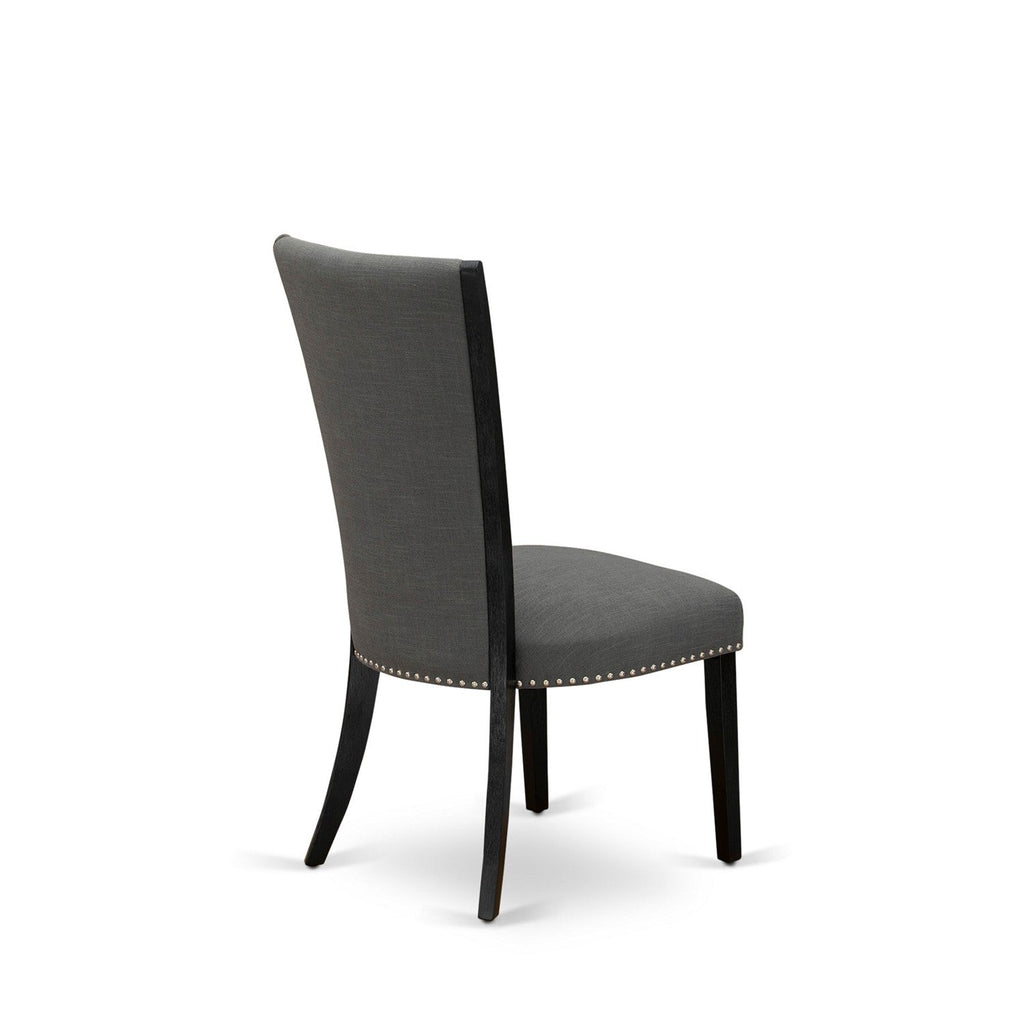 Juego de comedor de 6 piezas East West Furniture X676VE650-6. Contiene una mesa de comedor rectangular con patas en forma de X y 4 sillas Parson de tela de lino Gotham oscuro con un banco.