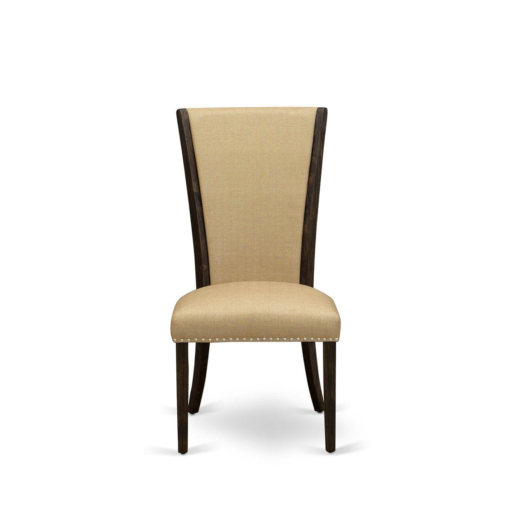 East West Furniture I2VE5-703 5 Piece Kitchen Table & Chairs Set Includes a Round Dining Room Table with Pedestal and 4 Brown Linen Fabric Parsons Dining Chairs