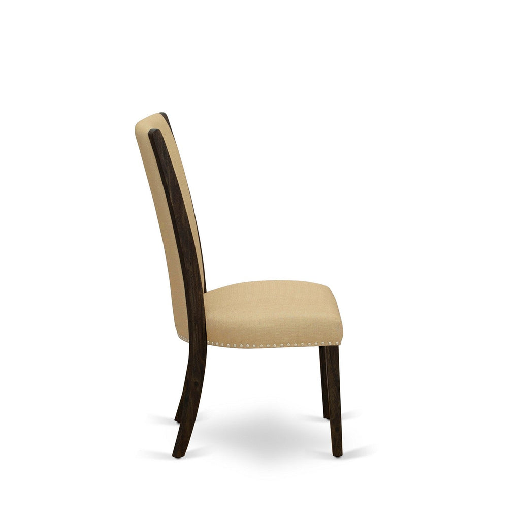 Juego de comedor de 7 piezas East West Furniture CNVE7-77-03 compuesto por una mesa de comedor rectangular de madera rústica y 6 sillas tapizadas en tela de lino marrón.