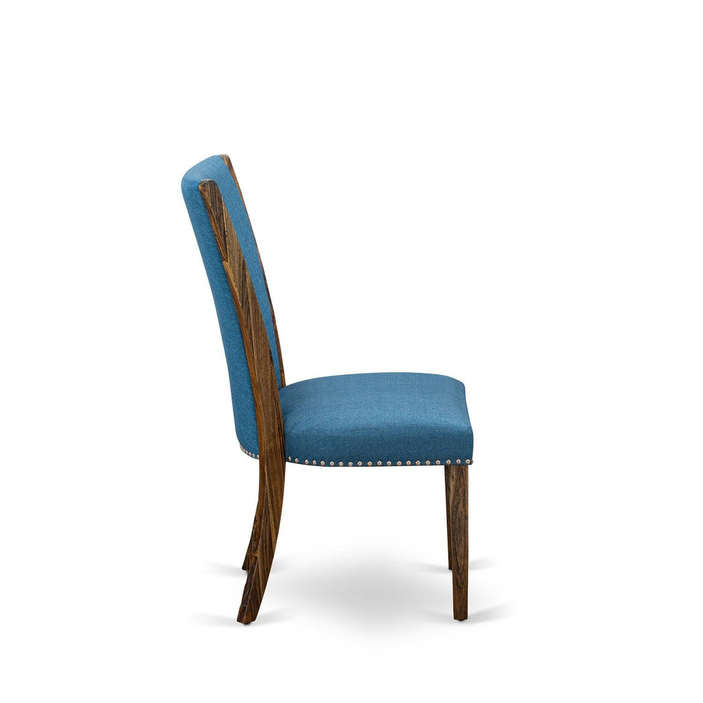 Juego de mesa de comedor de 5 piezas East West Furniture F2VE5-721 para 4 personas. Incluye una mesa de cocina redonda con pedestal y 4 sillas tapizadas en tela de lino de color azul.