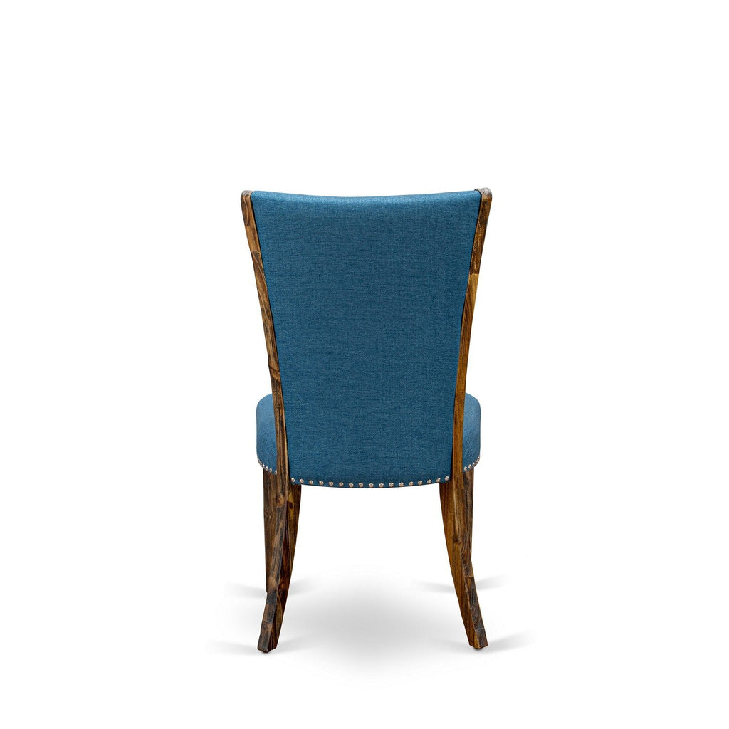 East West Furniture CNVE7-77-21 7 Piece Modern Dining Table Set Consist of a Rectangle Rustic Wood Wooden Table and 6 Blue Color Linen Fabric Upholstered Chairs