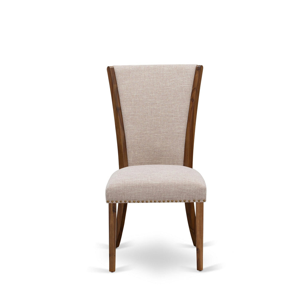 El juego de muebles de comedor de 5 piezas East West Furniture LMVE5-N8-04 incluye una mesa de comedor rectangular de madera rústica y 4 sillas Parsons de tela de lino color tostado claro.
