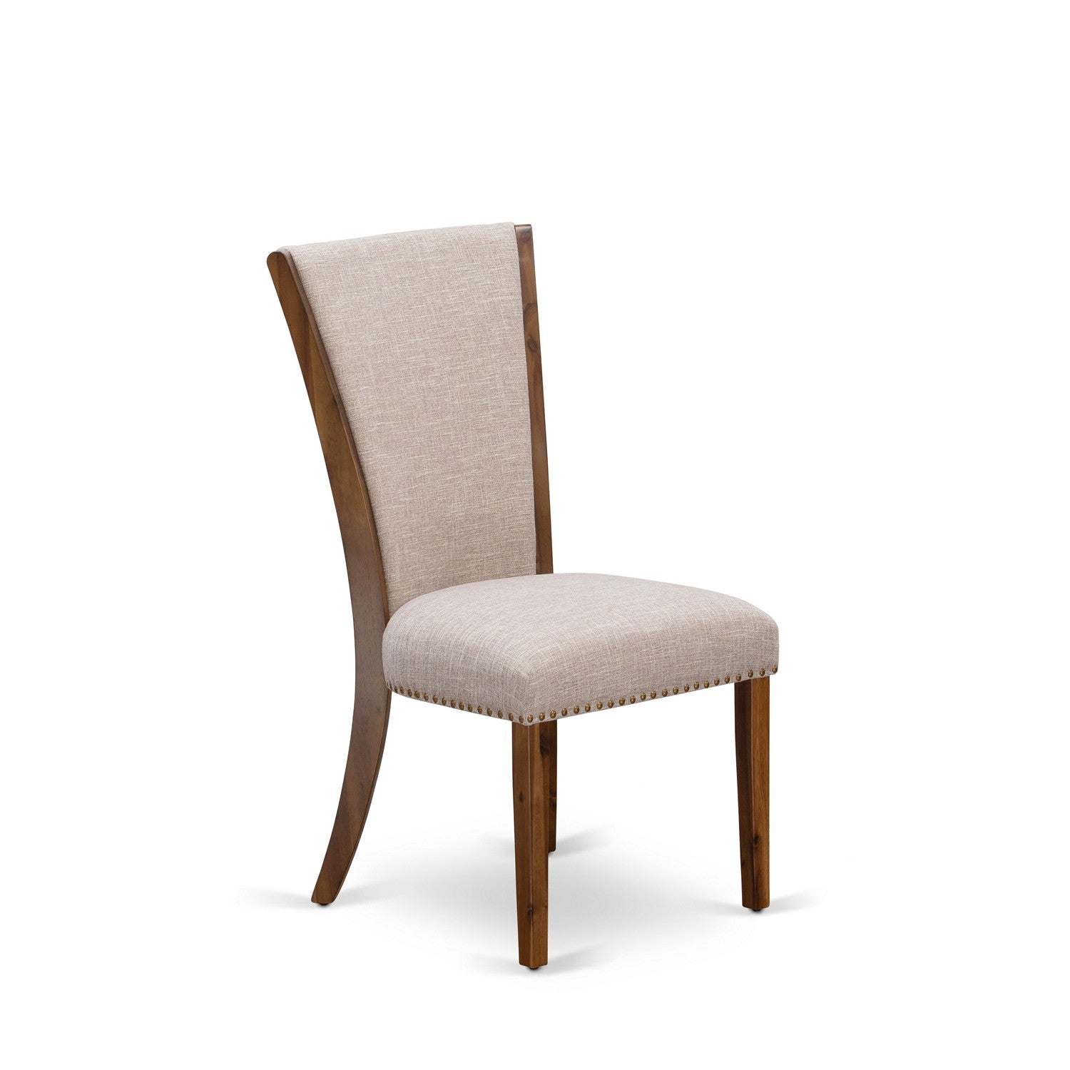 Sillas de comedor Parsons Verona VEP8T04 de East West Furniture, tapizadas en tela de lino color canela claro con ribete de tachuelas