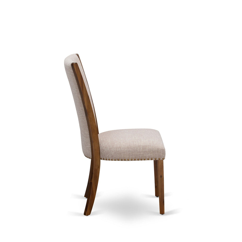 Juego de comedor de 5 piezas East West Furniture LAVE5-88-04. Incluye una mesa de comedor rectangular con diseño de hojas de mariposa y 4 sillas tapizadas en tela de lino color tostado claro.